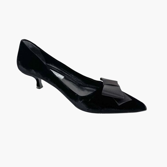 Prada Pointed Toe Bow Kitten Pumps Size 37 US 7 Black Velvet Low Heel Formal - Picture 11 of 14